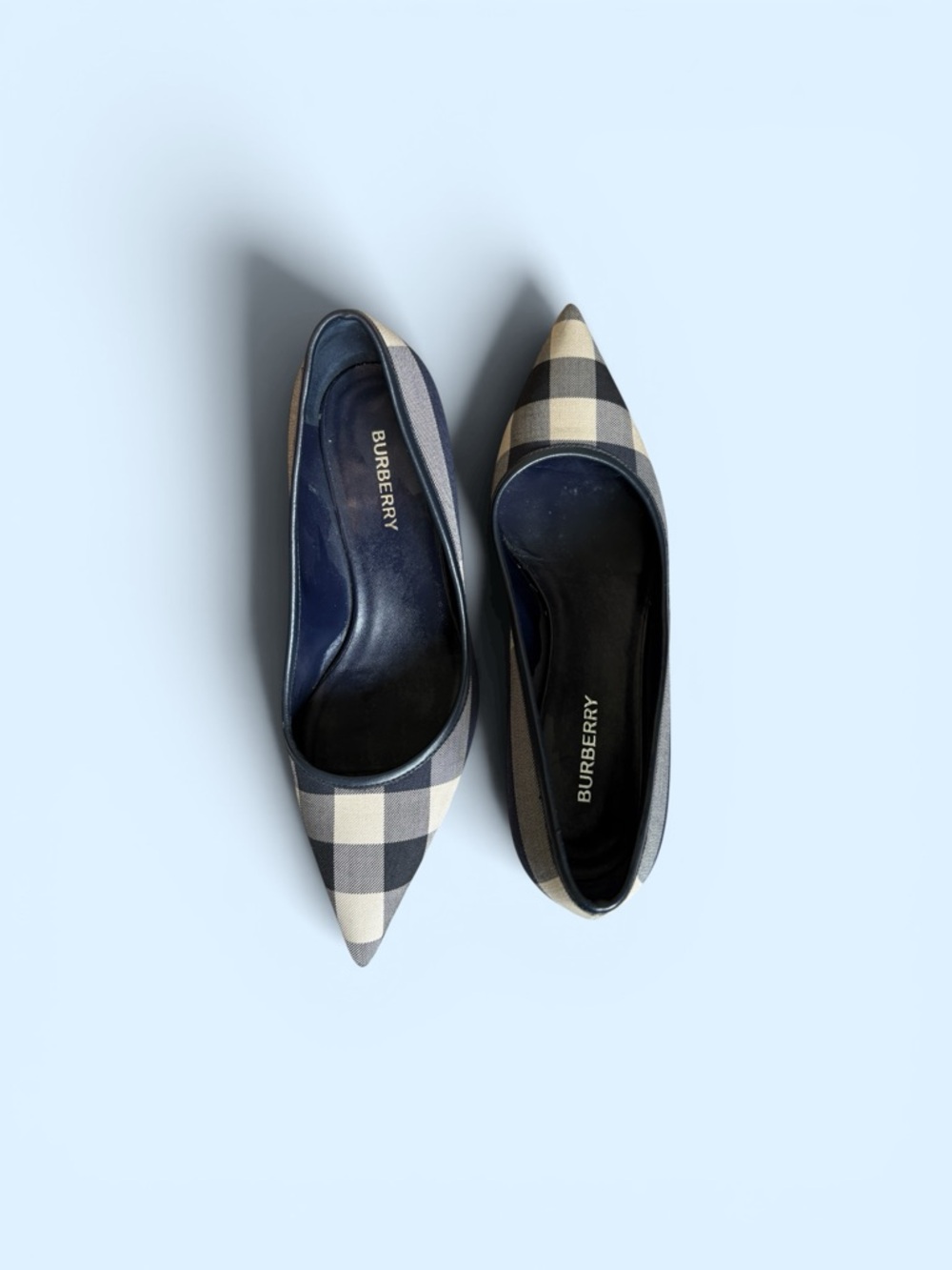 Burberry Navy & Beige Check Pointed-Toe Kitten Heels